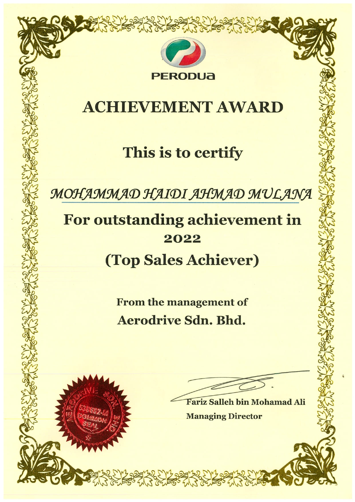 Perodua Kuching Mohd Haidi Outstanding Sales Performance Certificate