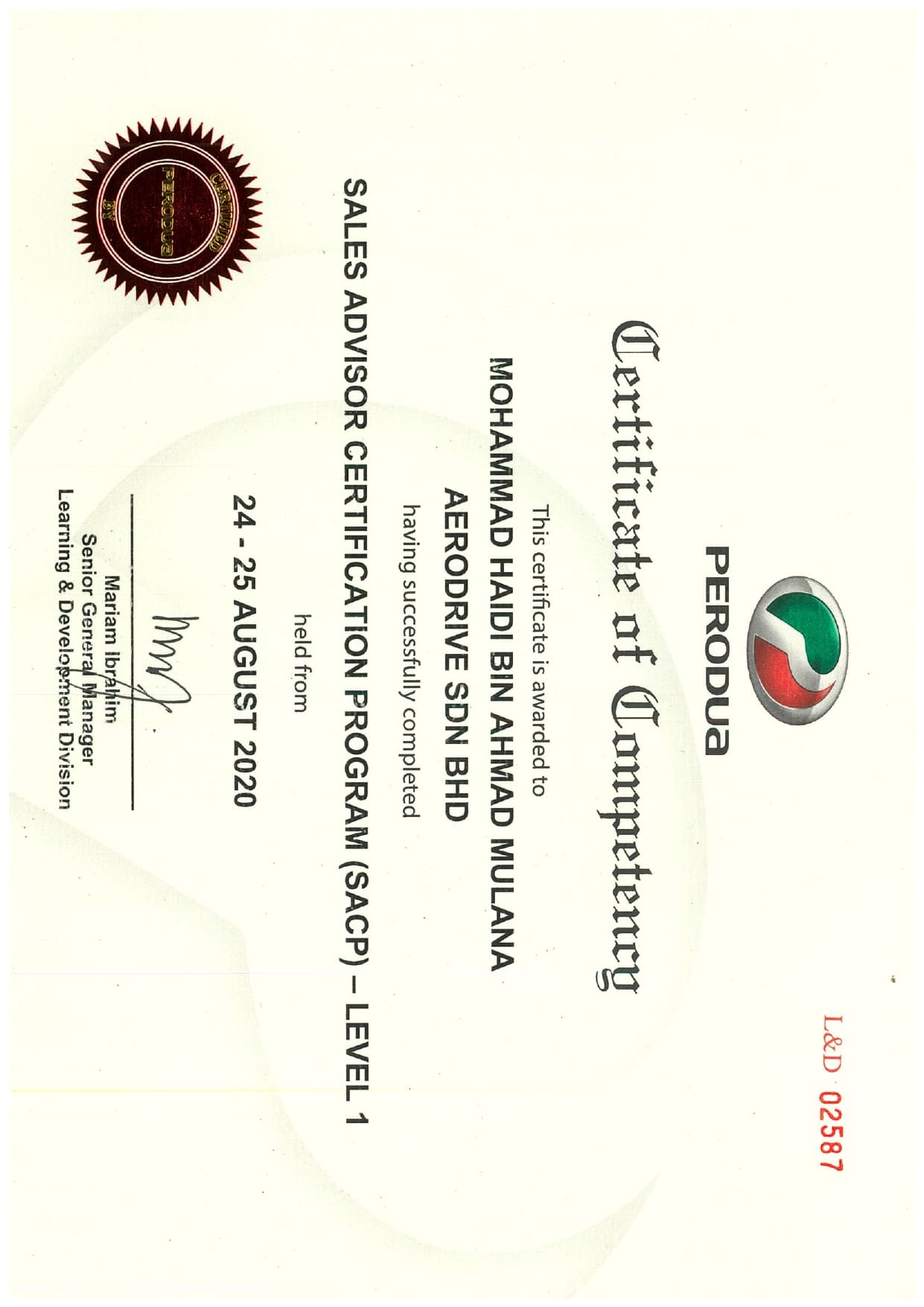 Perodua Kuching Mohd Haidi Sales Advisor Certification Certificate