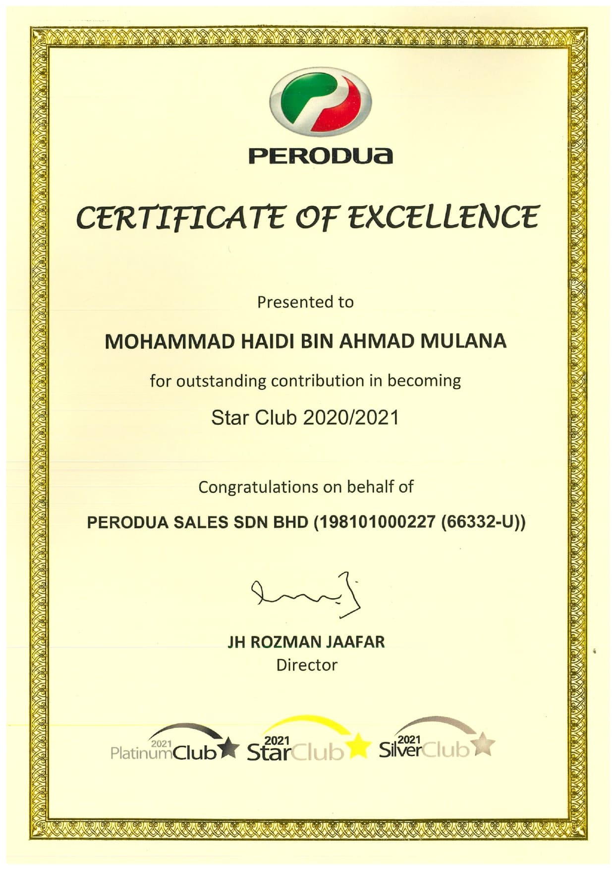 Perodua Kuching Mohd Haidi Outstanding Contribution  Star Club 2020/2021 Certificate