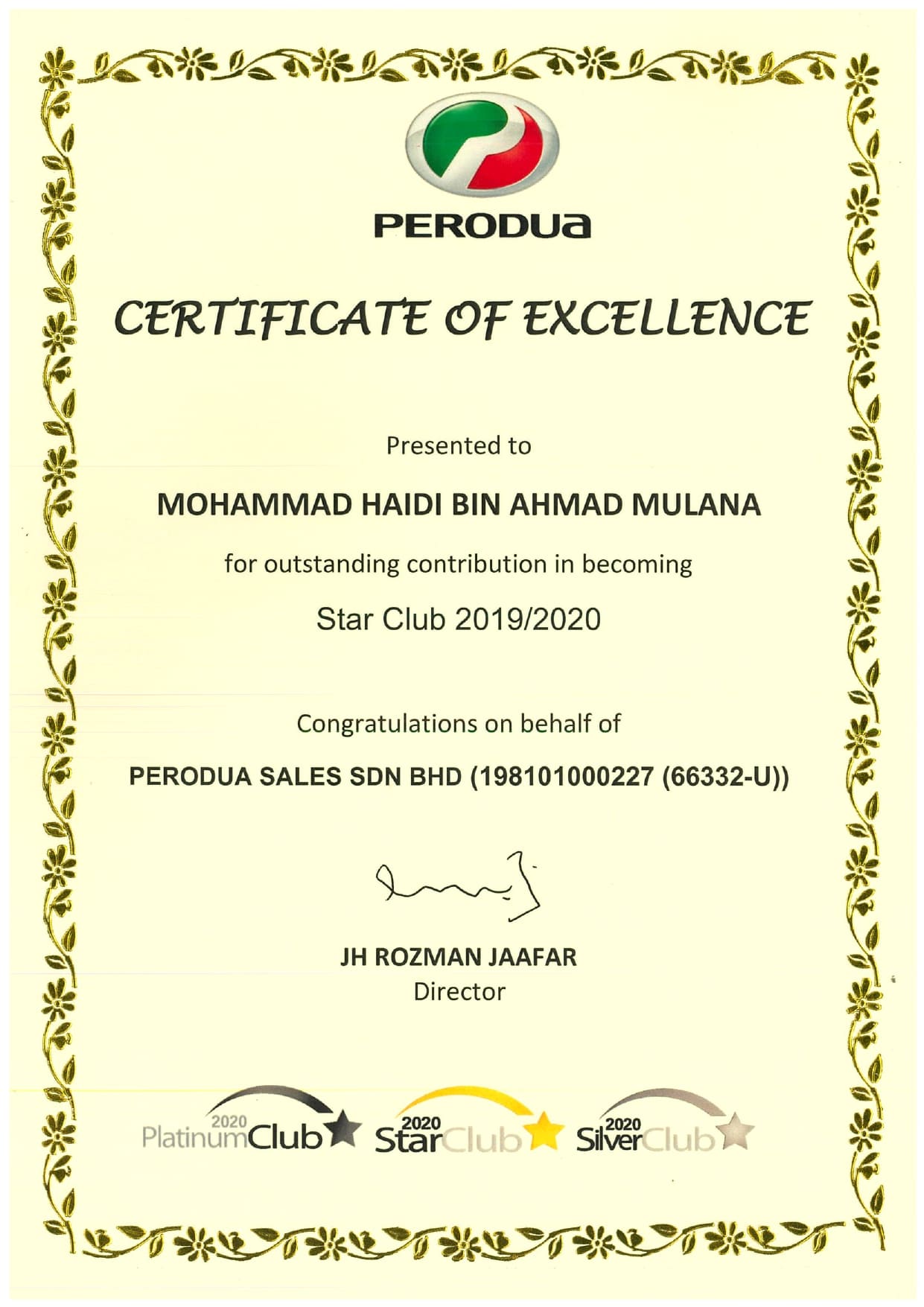Perodua Kuching Mohd Haidi Outstanding Contribution  Star Club 2019/2020 Certificate