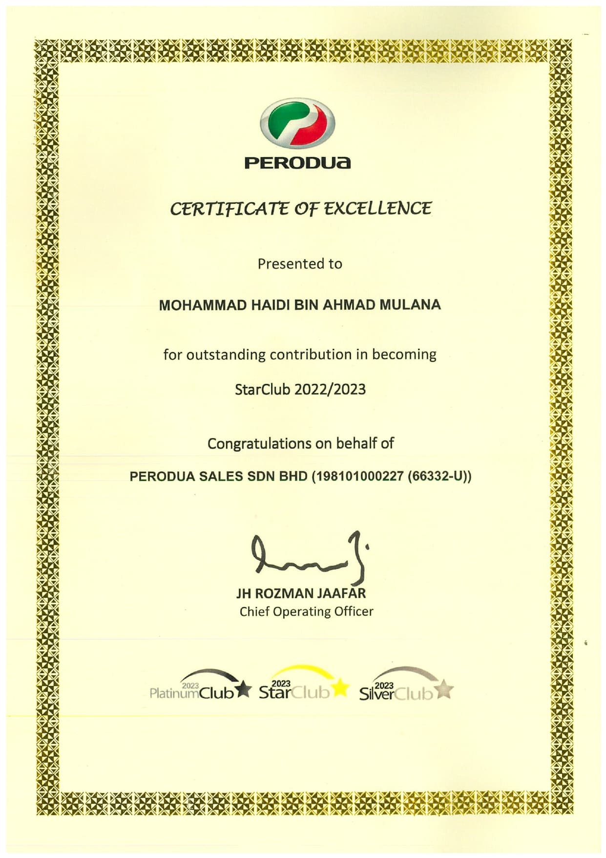Perodua Kuching Mohd Haidi Outstanding Contribution  Star Club 2022/2023 Certificate