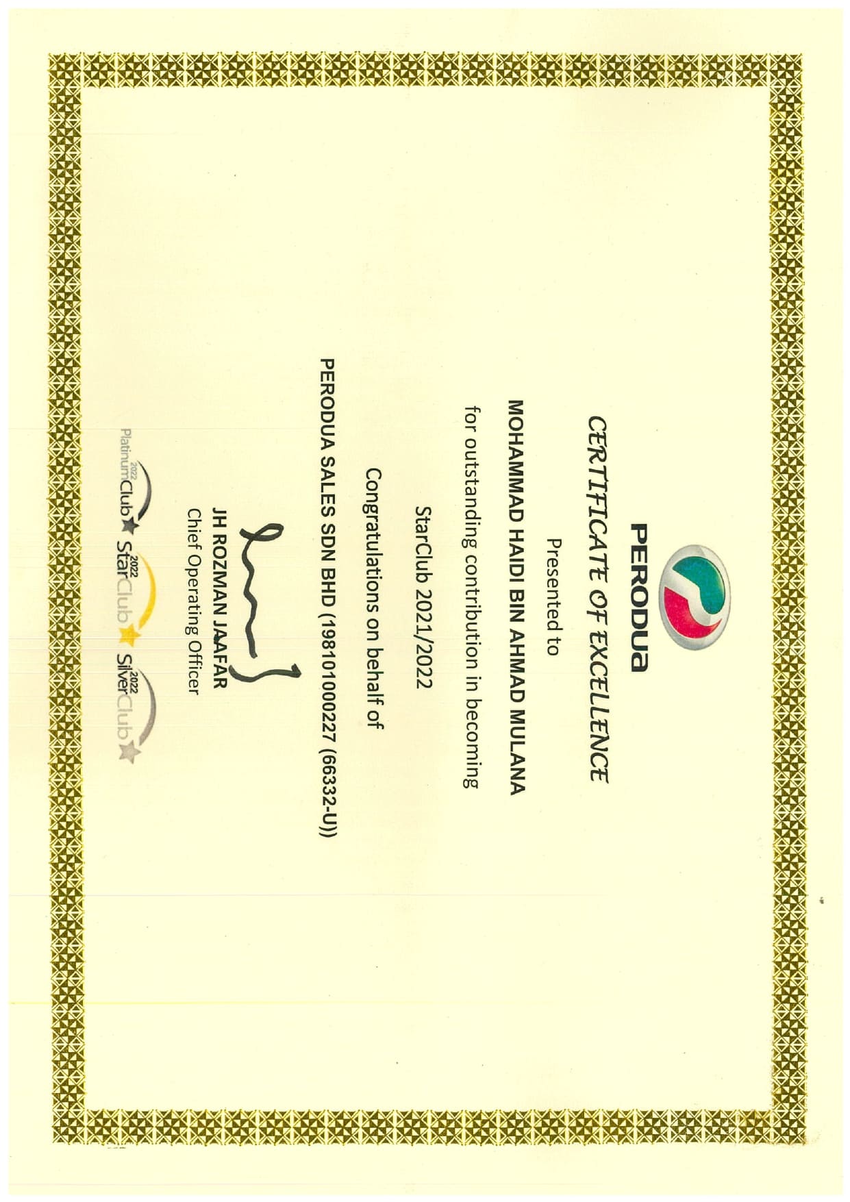 Perodua Kuching Mohd Haidi Outstanding Contribution  Star Club 2021/2022 Certificate